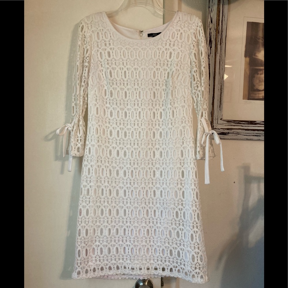 R & K Crochet Lace 3/4 Sleeve White Lined Dress Sz 6